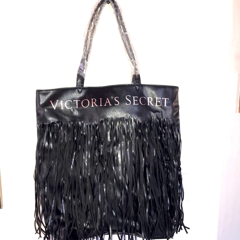 Victoria Secret Black Fringe Faux Leather Large Tote NWT
